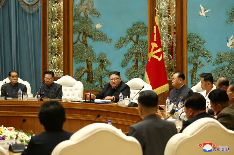 North Korean leader Kim Jong Un speaks during the 19th Meeting of the Political Bureau of the 7th Central Committee of WPK