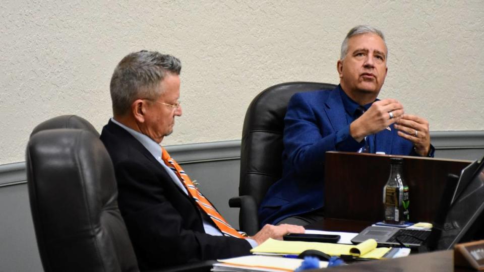 School Board Member Richard Tatem (right) discusses contract provisions for Jason Wysong, who the board picked as the Manatee School District’s new superintendent, during a Tuesday, May 16, 2023, public meeting.