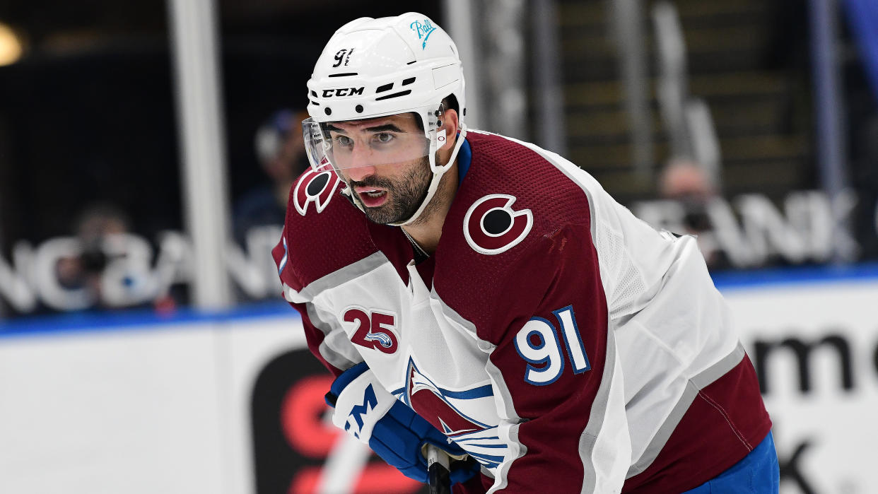 ST. LOUIS, MO - APRIL 22: Colorado Avalanche centerman Nazem Kadri (91) during a NHL game between the Colorado Avalanche and the St. Louis Blues on April 22, 2021, at Enterprise Center, St. Louis, Mo. (Photo by Keith Gillett/Icon Sportswire via Getty Images),