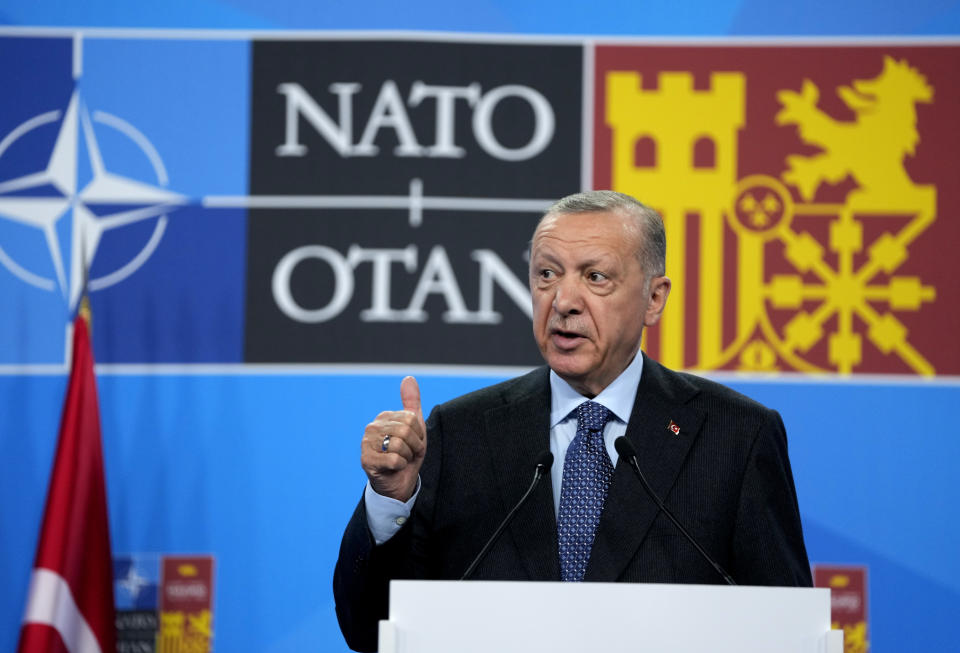 Turkish President Recep Tayyip Erdogan speaks during a media conference at a NATO summit in Madrid, Spain on Thursday, June 30, 2022. North Atlantic Treaty Organization heads of state met for the final day of a NATO summit in Madrid on Thursday. (AP Photo/Manu Fernandez)