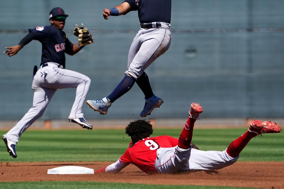 Reds outfield prospect Jay Allen steals second base during a minor league spring training game in 2022.
