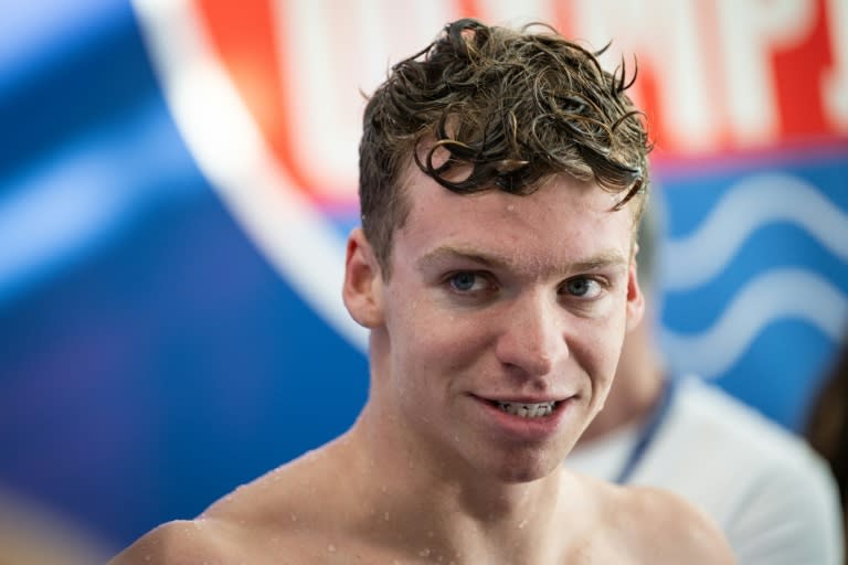 Le nageur français Leon Marchand après la finale du 200 mètre quatre nages lors des championnats de France de natation à Chartres le 21 juin 2024. (SEBASTIEN BOZON)