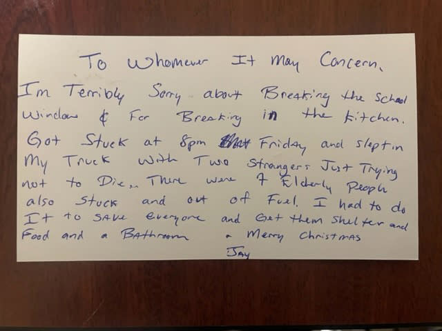 Jay Withey left a note at the school apologizing for breaking a window while seeking shelter. (Cheektowaga Police Dept.)