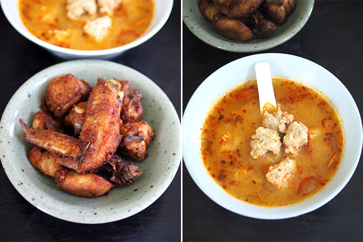 Nibble on Thai fried chicken that is sold either in a combination of various parts of the chicken or your preferred parts (left). If you like your tom yum to have a mild spicy kick, this will be perfect... they serve it with bouncy own-made pork balls fashioned from minced pork (right)