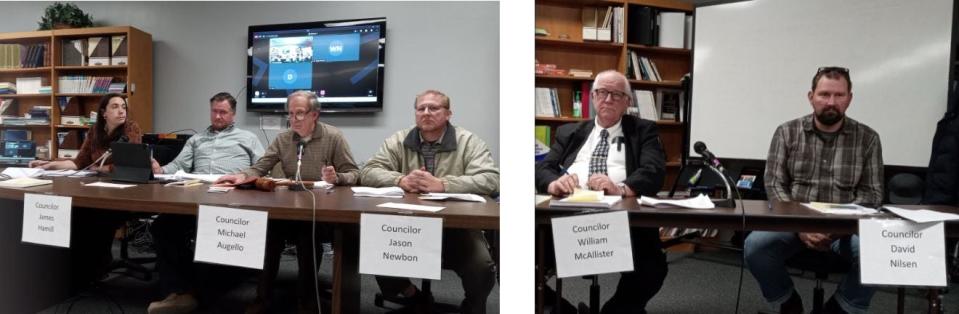 Honesdale Borough Council held a special meeting Nov. 6, 2023, to vote on advertising the proposed 2024 budget and enacting a 1% Earned Income Tax. Meeting at the Park Street Complex, from left, are councilors Tiffany Rogers, James Hamill, President Michael Augello, Jason Newbon, William McAllister and David Nilsen. Councilor Eric Cooley was excused for personal reasons.