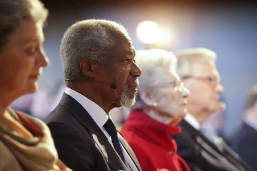 UN-Arab League envoy Kofi Annan, pictured here on April 24, has called for the rapid deployment of 300 ceasefire monitors in Syria but a top UN official said it will take at least one month to get the first 100 in place