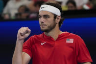 United States' Taylor Fritz reacts after winning the first set against Italy's Matteo Berrettini during the final of the United Cup tennis event in Sydney, Australia, Sunday, Jan. 8, 2023. (AP Photo/Mark Baker)