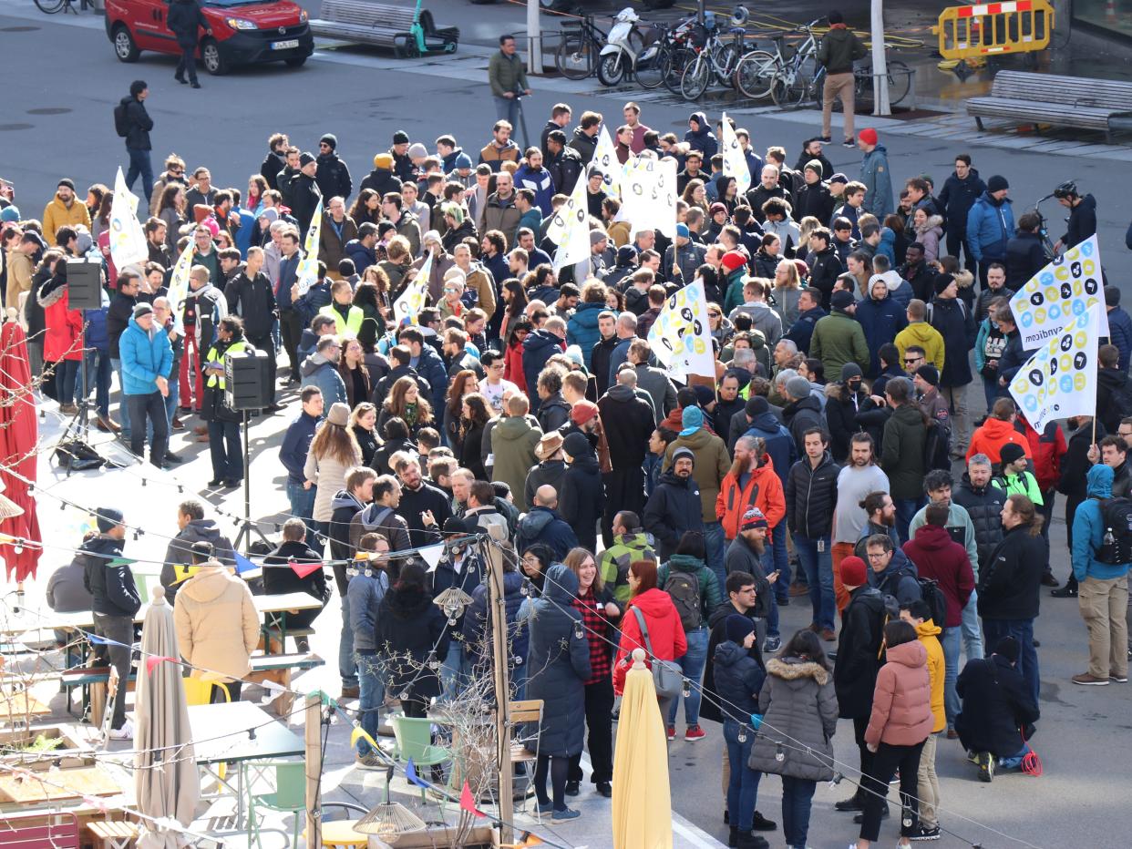Hundreds of Google workers staging a protest in Zurich, Switzerland on March 15, 2023.