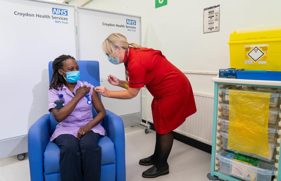 Catherine Cargill receiving one of the first Covid-19 booster jabs, administered at Croydon University Hospital, south London, as the NHS begins its Covid-19 Booster Vaccination Campaign. Picture date: Thursday September 16, 2021.