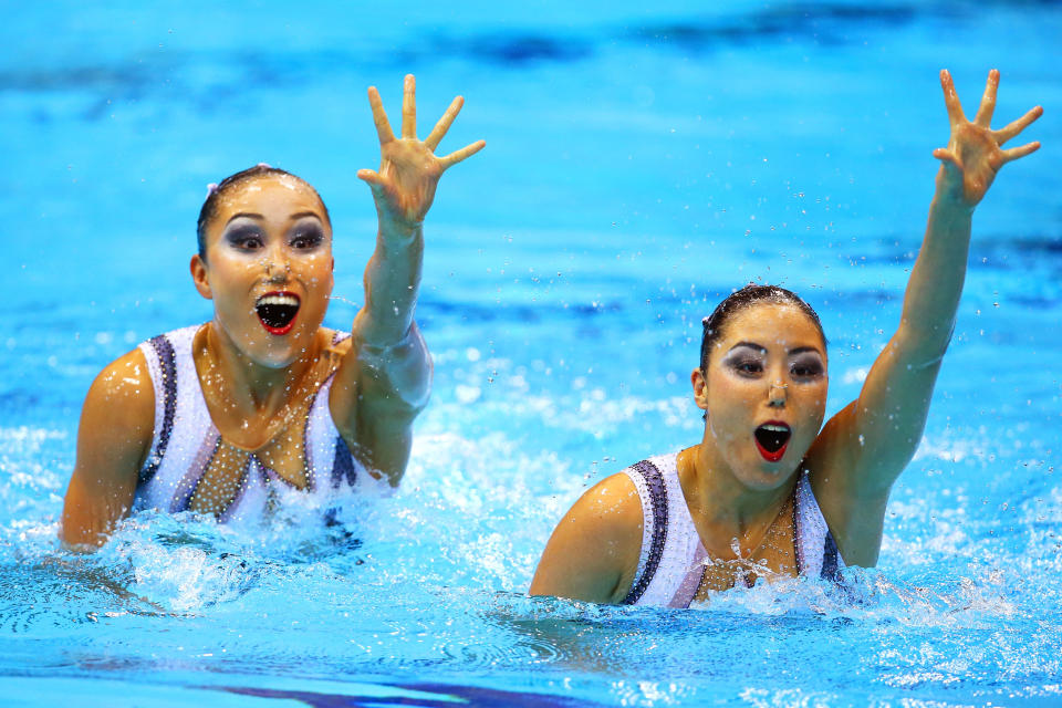 Yukiko Inui and Chisa Kobayashi of Japan compete in the Women's Duets Synchronised Swimming Free Routine Preliminary on Day 10 of the London 2012 Olympic Games at the Aquatics Centre on August 6, 2012 in London, England. (Photo by Al Bello/Getty Images)