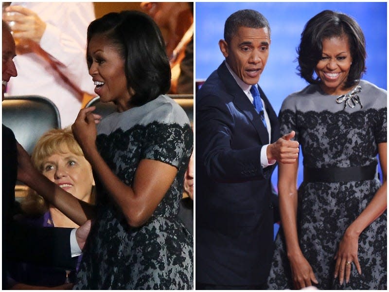 A split image of Michelle Obama wearing the same silver and black lace dress on two different occasions.