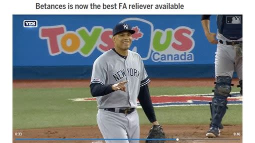 《大聯盟官網》評價貝坦瑟斯（Dellin Betances）是今年自由球員市場強後援投手。（圖／翻攝自MLB官網）