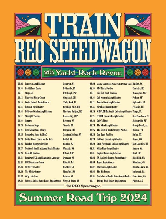 A promotional poster for the "Summer Road Trip 2024" tour featuring Train and REO Speedwagon. (Crush Music)