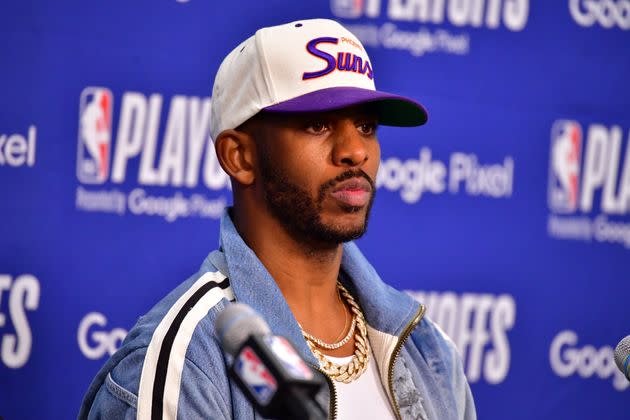 Chris Paul talks to the media after the May 4 game against the Dallas Mavericks in Phoenix. (Photo: Barry Gossage/NBAE via Getty Images)