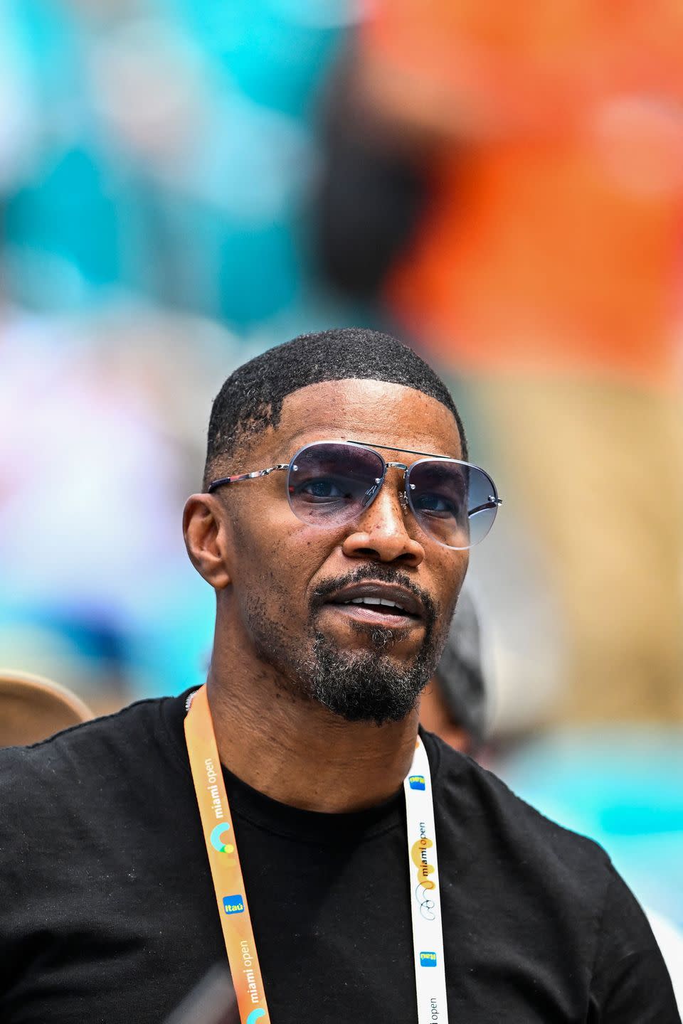 us actor jamie foxx attends the mens quater final match between christopher eubanks of the us and daniil medvedev of russia at the 2023 miami open at hard rock stadium in miami gardens, florida, on march 30, 2023 photo by chandan khanna afp photo by chandan khannaafp via getty images