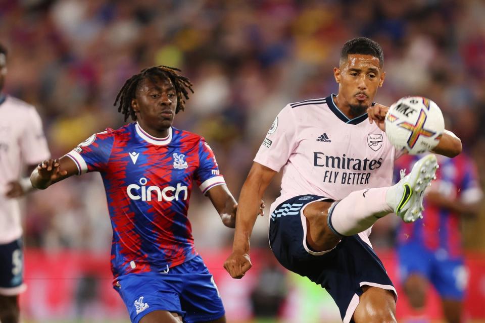 Eberechi Eze of Crystal Palace challenges William Saliba of Arsenal during the Premier League match between Crystal Palace and Arsenal FC at Selhurst Park on August 05, 2022 in London, England. (Getty Images)