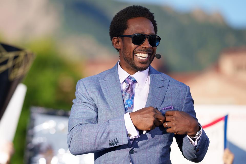 Sep 16, 2023; Boulder, Colorado, USA; Desmond Howard on the set of ESPN College GameDay prior to the game between the Colorado Buffaloes and the Colorado State Rams at Folsom Field. Mandatory Credit: Andrew Wevers-USA TODAY Sports