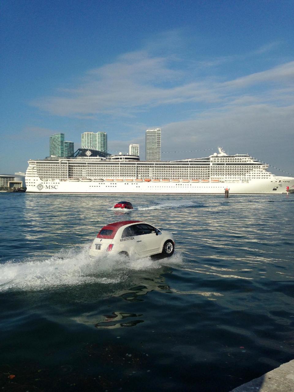 This undated image released by MSC Cruises USA, shows the MSC Divina escorted by Fleet of Stylish FIAT Watercraft in Ft. Lauderdale, Fla. The ship is the first from MSC, a Mediterranean cruise line, to sail year-round from North America. The ship sails to the Caribbean from its homeport in Miami. (AP Photo/MSC Cruises USA)