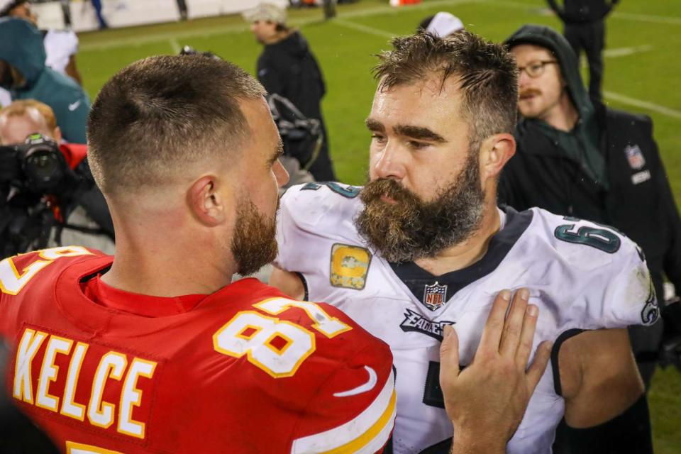 <p>Scott Winters/Icon Sportswire via Getty</p> Jason Kelce talks to Travis Kelce after Philadelphia Eagles defeat Kansas City Chiefs