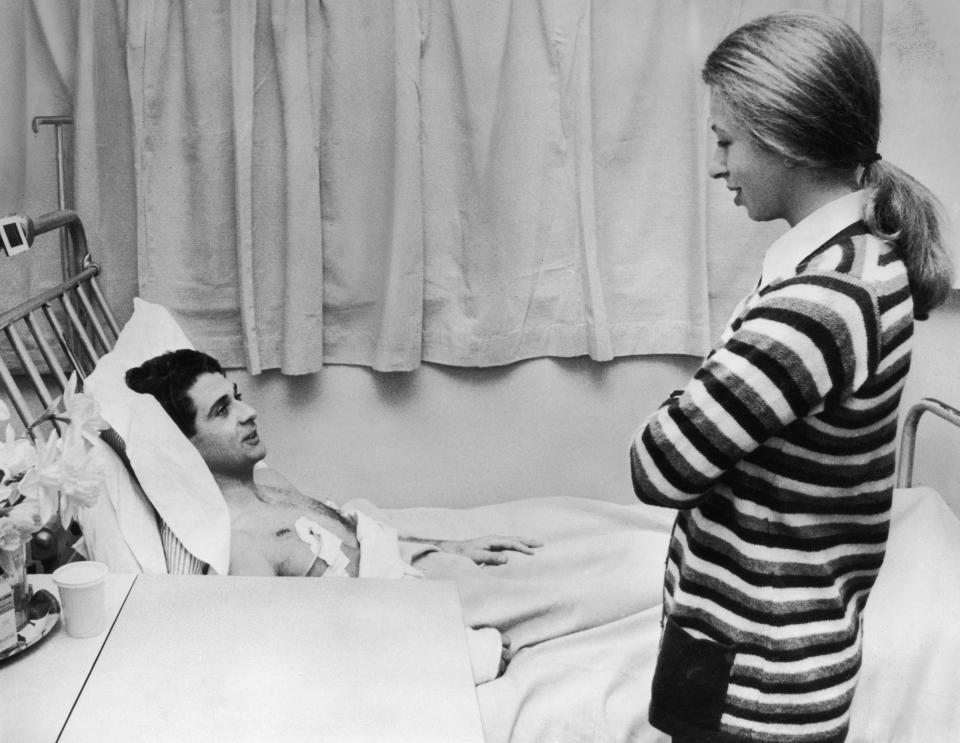 A photo of Princess Anne visiting her bodyguard, Inspector James Beaton, at Westminster Hospital in London where he was recovering from gunshot wounds sustained during the attempt to kidnap the Princess in the Mall, 25th March 1974.