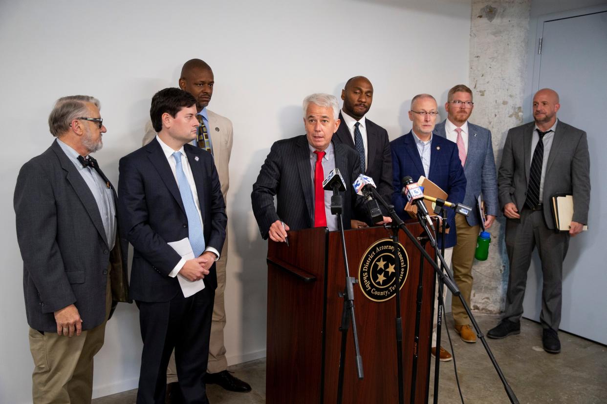 Shelby County District Attorney Steve Mulroy speaks to the media surrounded by state and local officials and community organizers after holding a summit to talk about reducing crime at the Urban Child Institute in Crosstown Concourse on Thursday, August 31, 2023.