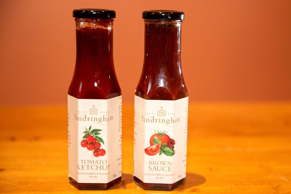 Tomato ketchup and brown sauce sold at Sandringham