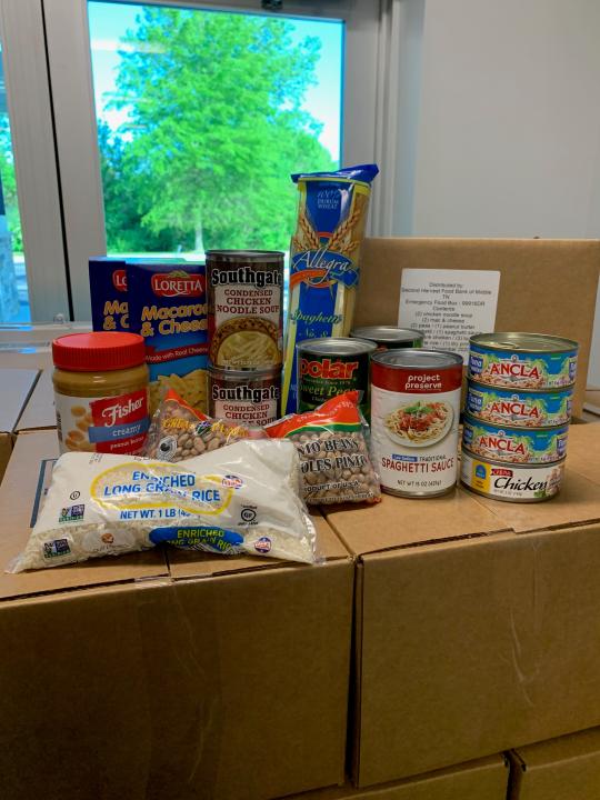 The contents of an emergency food box distributed by the Second Harvest Food Bank of Middle Tennessee in Nashville to people needing to self-quarantine during the COVID-19 emergency.