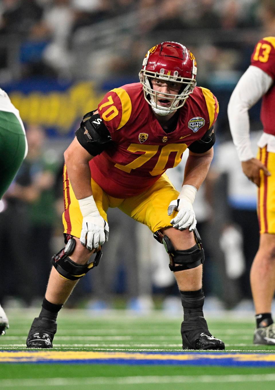 USC Trojans offensive lineman Bobby Haskins (70) in action during the game between the USC Trojans and the Tulane Green Wave in the 2023 Cotton Bowl at AT&T Stadium.