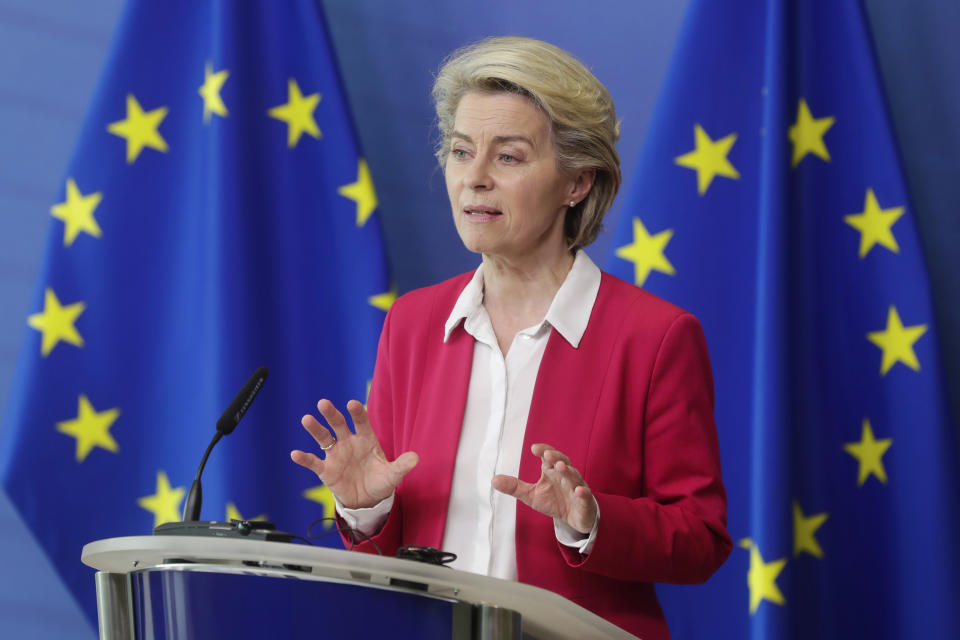 European Commission President Ursula Von Der Leyen speaks during a joint news conference with European Commissioner for Budget and Administration Johannes Hahn on the Recovery Plan for Europe at the European Commission headquarters in Brussels, Tuesday, June 15, 2021. (Stephanie Lecocq, Pool Photo via AP)