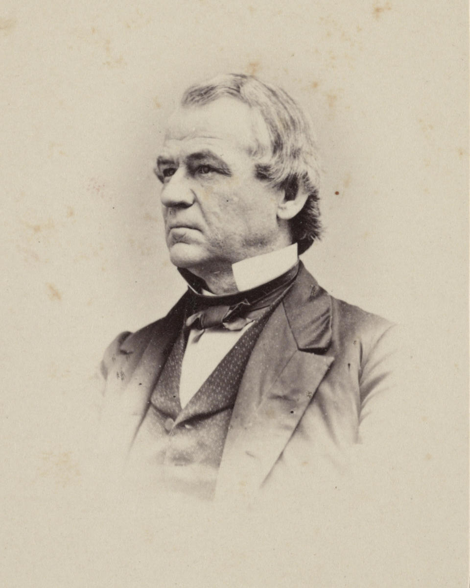 This 1860-1875 photo made available by the Library of Congress shows Andrew Johnson. Johnson, a Democrat, became vice president under Republican Abraham Lincoln on a unity ticket elected amid the Civil War in 1864. He became president after Lincoln's assassination in April 1865. (Library of Congress via AP)