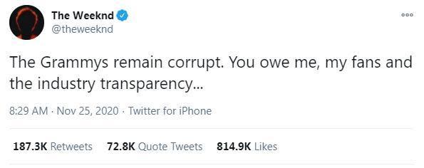 威肯在社群媒體上砲轟葛萊美獎腐敗、欠缺公開透明。（翻攝自威肯推特）