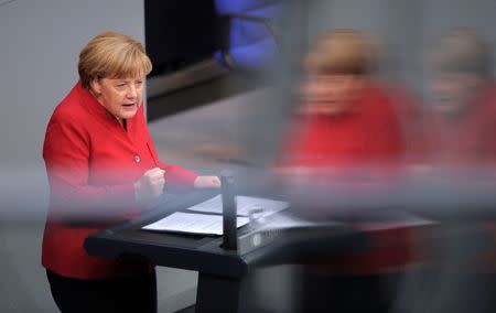 German Chancellor Angela Merkel, speaks during a meeting at the lower house of parliament Bundestag on 2017 budget in Berlin, Germany, September 7, 2016. REUTERS/Stefanie Loos