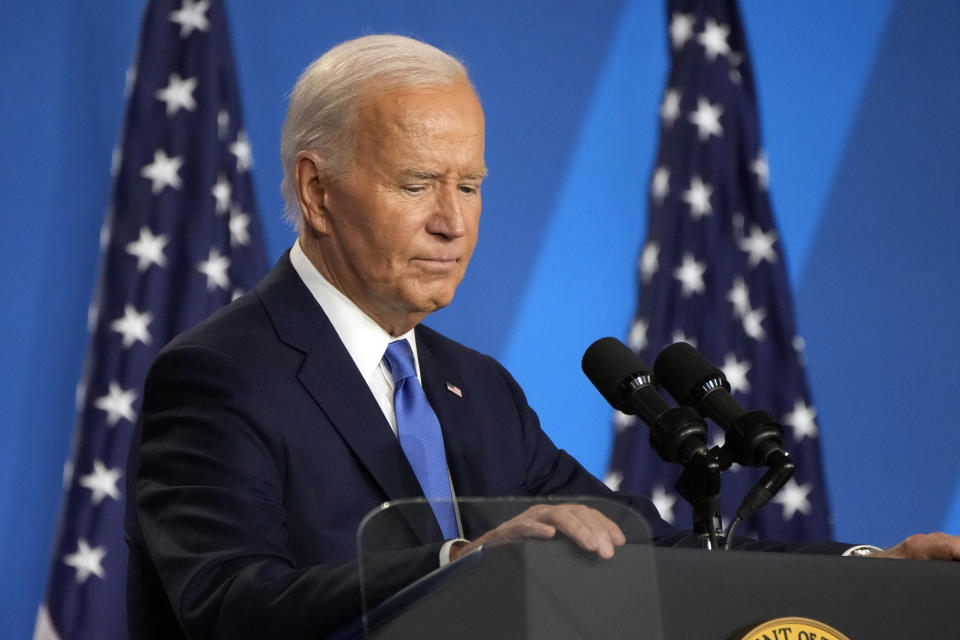 President Joe Biden pauses as he speaks at a programme word weekday July 11, 2024, on the test period of the NATO meeting in Washington. (AP Photo/Jacquelyn Martin)