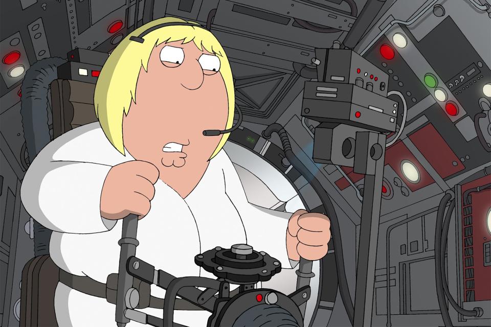 FAMILY GUY: Peter tells his family the greatest story ever toldu00C9the story of Star Wars! After Princess Leia (Lois) comes under seige by Darth Vader (Stewie), C-3PO (Quagmire) and R2-D2 (Cleveland) escape to find the only person who can help the Rebel Alliance and Luke Skywalker (Chris), Han Solo (Peter) and Chewbacca (Brian) join the epic intergalactic fight to the death in the "Blue Harvest, Parts 1 and 2" episode of FAMILY GUY Sunday, Sept. 23 (9:00-10:00 PM ET/PT) on FOX. FAMILY GUY (TM) and © 2007 TCFFC ALL RIGHTS RESERVED.