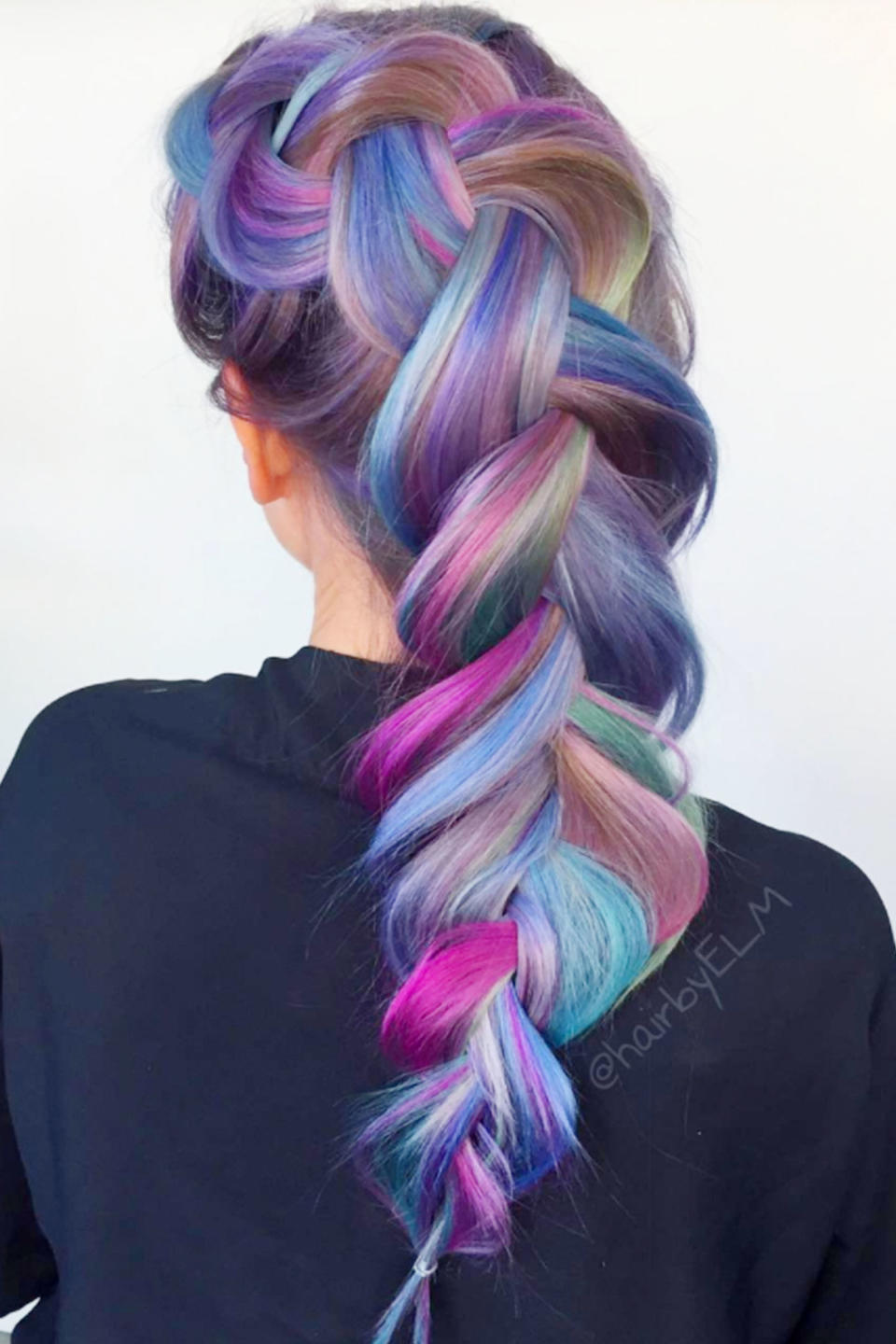 <p>A violet gray base, set off in hot hits of magenta, sapphire, and turquoise.</p>