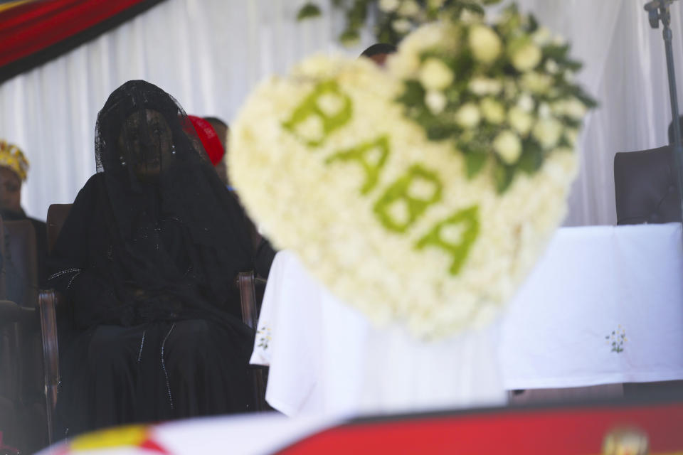 Grace Mugabe, widow of former Zimbabwean President Robert Mugabe during mass at his rural home in Zvimba, about 100 kilometers north west of the capital Harare, Saturday. Sept, 28, 2019. According to a family spokesperson Mugabe is expected to be buried at the residence after weeks of drama mystery and contention over his burial place. (AP Photo/Tsvangirayi Mukwazhi)