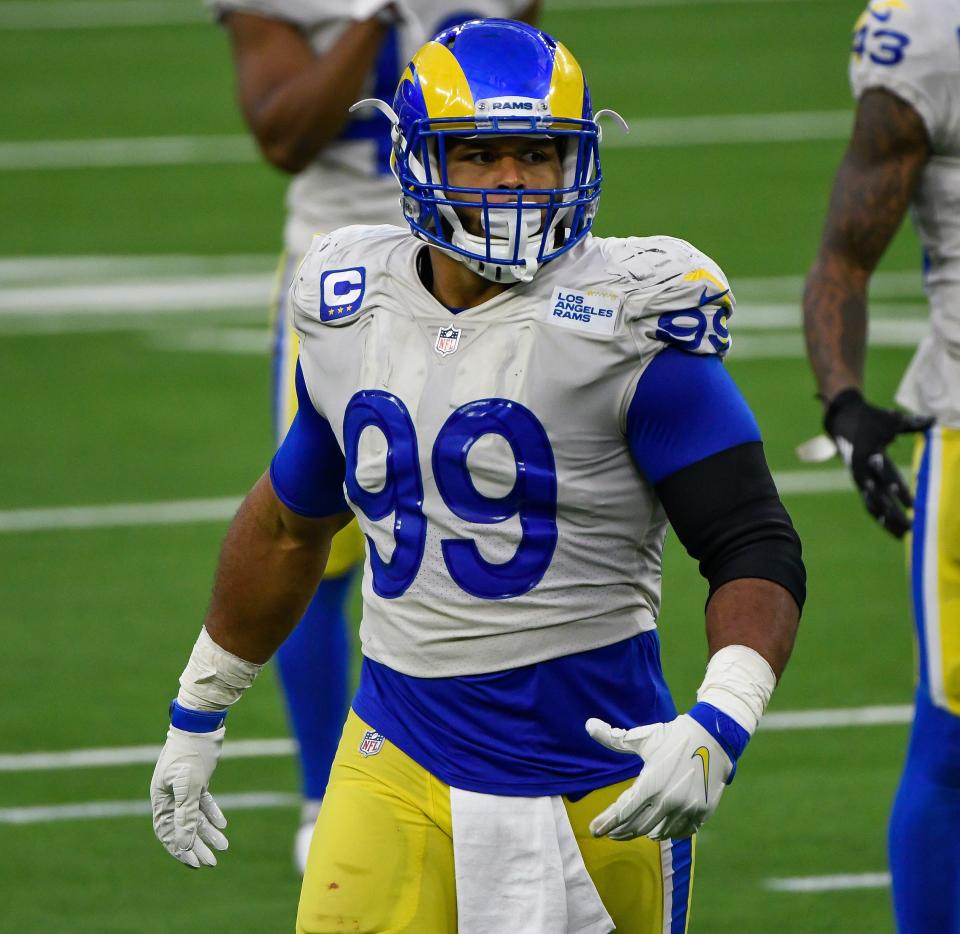 Los Angeles Rams defensive end Aaron Donald during a 2020 game against the New York Jets at SoFi Stadium.