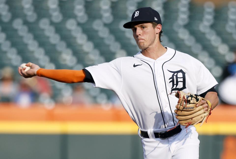 Tigers second baseman Nick Maton throws out Twins left fielder Willi Castro at first base during the first inning on Tuesday, Aug. 8, 2023, at Comerica Park.
