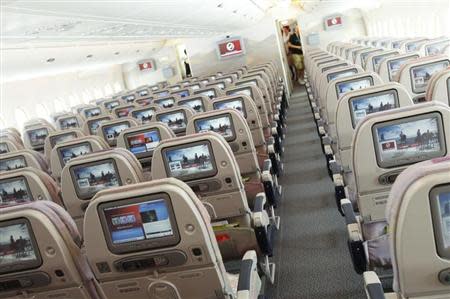 A picture shows the economy class section of an Airbus A380 passenger plane of Emirates Airline at the ILA International Air Show in Schoenefeld outside Berlin, June 8, 2010. REUTERS/Thomas Peter