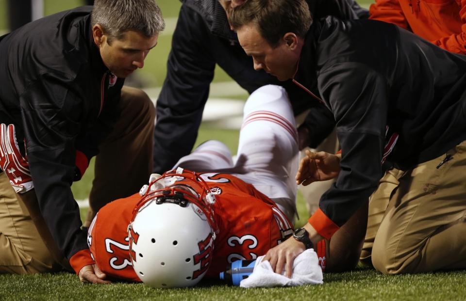 Utah running back Armand Shyne (23) suffered a season-ending injury vs. Arizona. (AP Photo/George Frey)