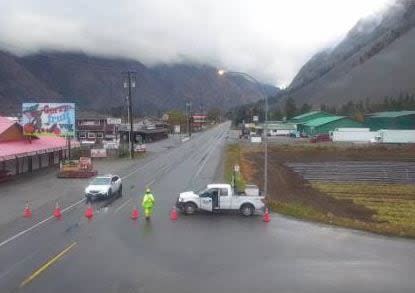 Highway 3 west of Keremeos is shown closed on Monday due to a rock slide in the area. (Ministry of Transportation - image credit)
