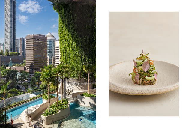 <p>From left: Darren Soh/Courtesy of Pan Pacific Orchard; Courtesy of Seroja</p> From left: Pan Pacific Orchard, Singapore; a dish of herb noodles, mud crab, and ulam ulam dressing at Seroja.