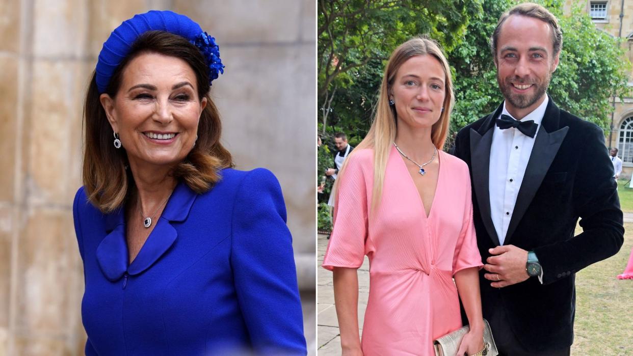  Composite of Carole Middleton at the coronation in 2023 and Alizee Thevenet and James Middleton at a Bulgari gala dinner in 2022. 