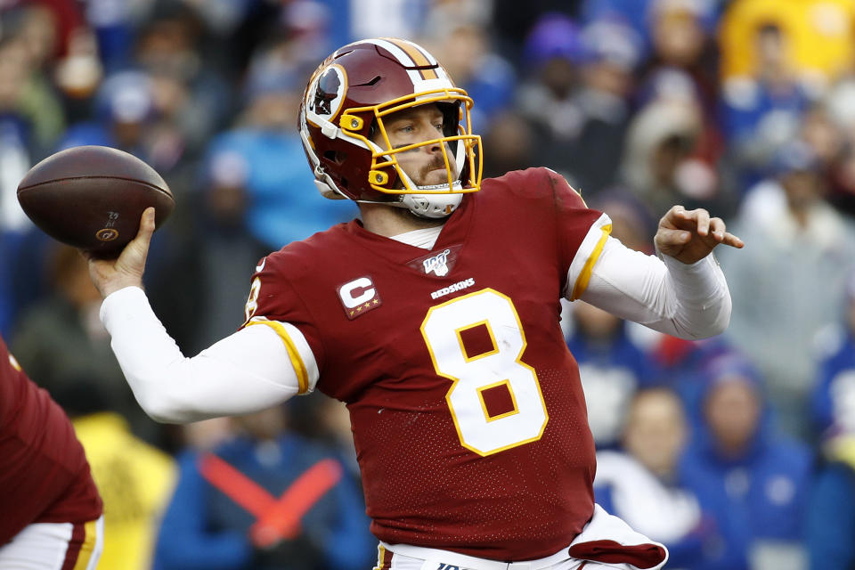 Washington Redskins quarterback Case Keenum throws a pass against the New York Giants during the second half of an NFL football game, Sunday, Dec. 22, 2019, in Landover, Md. (AP Photo/Patrick Semansky)