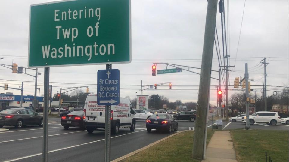 This busy intersection at Berlin-Crosskeys Road and Black Horse Pike is slated for improvements in a pending federally funded, N.J. DOT project benefiting Washington and Monroe townships. The intersection is at their borders. PHOTO: Feb. 2, 2024.