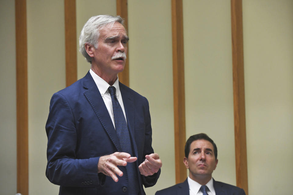 Attorney William Bloss, representing plaintiff and Democratic Mayoral candidate John Gomes, speaks during a hearing in Bridgeport Superior Court in Bridgeport, Conn., Monday, Sept. 25, 2023. (Ned Gerard/Hearst Connecticut Media via AP, Pool)