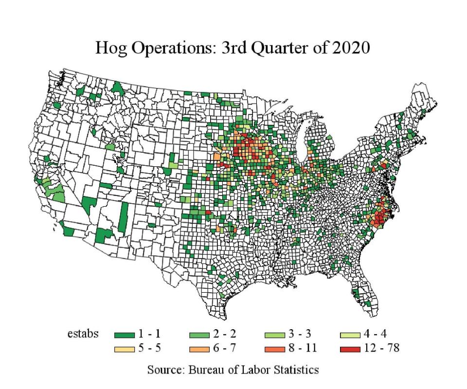 A map showing the concentration of the nation's hog farms in the upper Midwest and Eastern North Carolina.