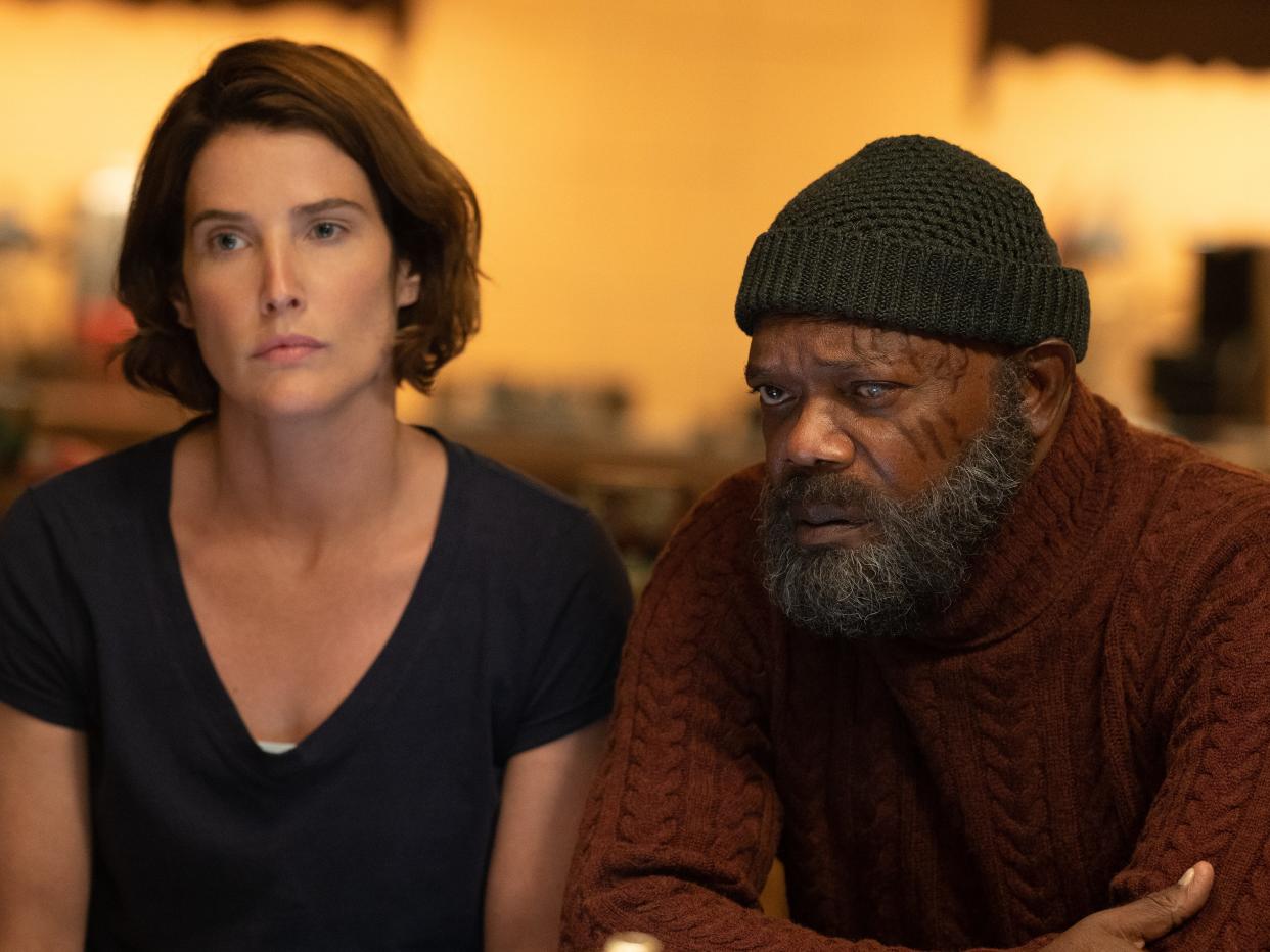 Cobie Smulders as Maria Hill and Samuel L. Jackson as Nick Fury in "Secret Invasion."