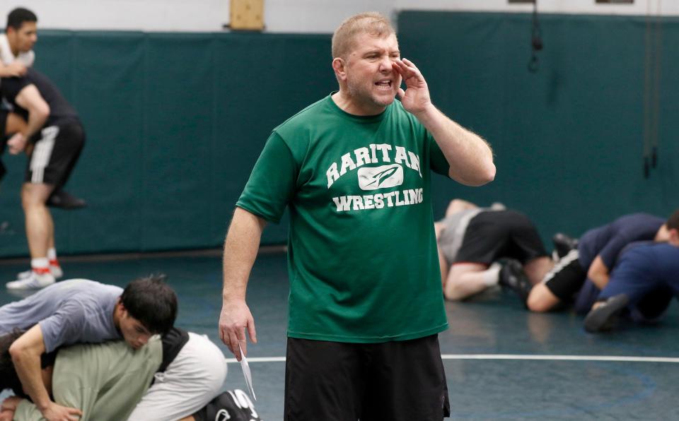 Raritan High School head wrestling coach Rob Nucci is shown during practice this past Thursday. This is his final season and his final regular season home match was Friday night.