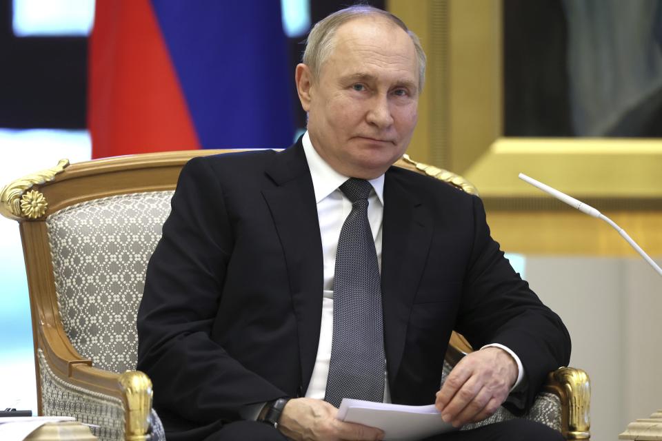 Russian President Vladimir Putin listens to Emirati President Sheikh Mohammed bin Zayed Al Nahyan during their talks at Qasr Al Watan, Abu Dhabi, United Arab Emirates, Wednesday, Dec. 6, 2023. (Sergei Savostyanov, Sputnik, Kremlin Pool Photo via AP)